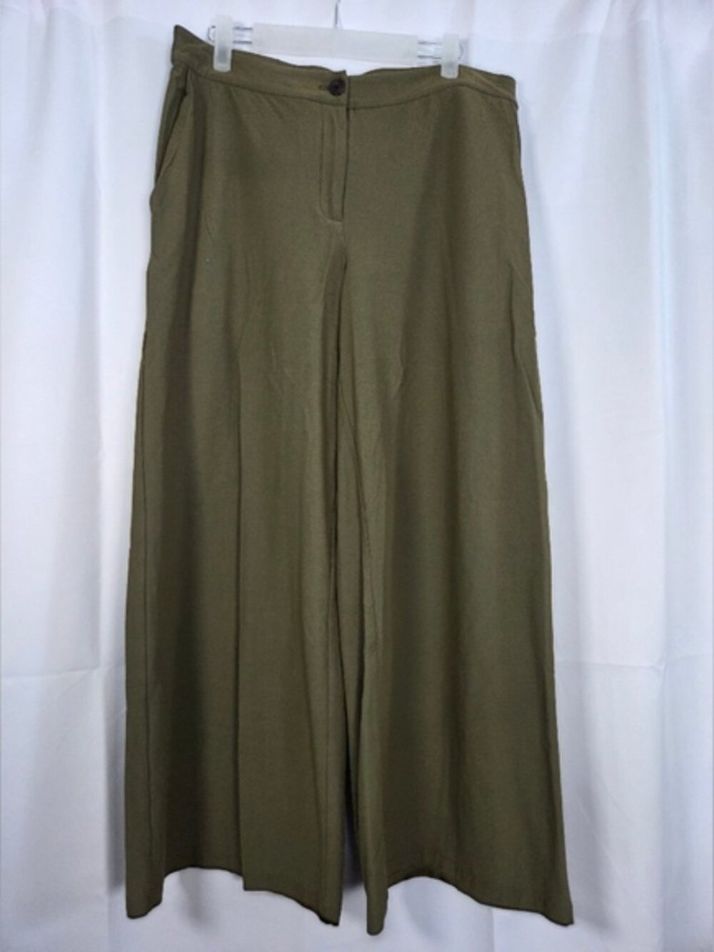 Eileen Fisher Wide Leg Crop Olive Green Stretch Wide Leg Pants Women's 10